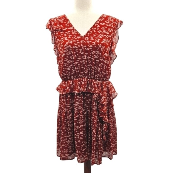Simply Vera Vneck Rust Brown Animal Print Flutter Sleeve Mini Dress Large - Picture 1 of 11